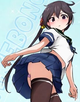 1girl akebono_(kancolle) akebono_kai_ni_(kancolle) bell black_eyes black_thighhighs blue_background blue_sailor_collar blue_skirt character_name commentary_request cowboy_shot flower from_below grey_hair hair_flower hair_ornament hat jingle_bell kantai_collection mani_oniniku panties pink_panties pleated_skirt sailor_collar sailor_hat shirt side_ponytail skirt solo thighhighs underwear upper_body white_shirt