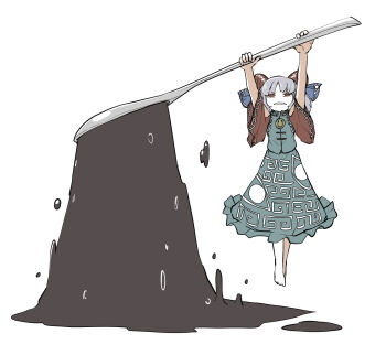 1girl barefoot blue_dress blue_skirt blue_vest detached_sleeves dress expressionless eye_print frilled_skirt frills hanging highres holding holding_spork horn_ornament horn_ribbon horns meandros no_pupils oil oversized_object patterned_clothing peroponesosu. pouring red_eyes red_horns red_sleeves ribbon sharp_teeth sheep_horns simple_background skirt solo spork teeth touhou toutetsu_yuuma utensil vest white_background white_hair