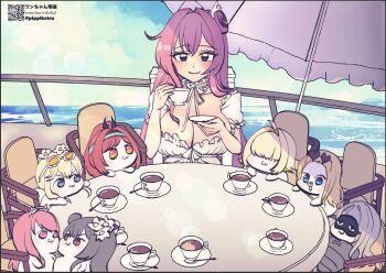 1girl 6+others :3 ahoge black_hair blonde_hair blue_eyes breasts brown_hair centi_(nikke) centi_(ocean_repair)_(nikke) chair cleavage cruise_ship cup doro_(nikke) dorothy_(nikke) dorothy_(serendipity)_(nikke) elegg_(boom_and_shock)_(nikke) elegg_(nikke) eye_mask eyewear_on_head flower frima_(nikke) frima_(sea_of_sloth)_(nikke) goddess_of_victory:_nikke hair_bun hair_flower hair_ornament hair_over_eyes hairband heart heart-shaped_eyewear large_breasts mask multiple_others nasal_strips ocean orange_eyes pepper_(nikke) pepper_(ocean_vitamin)_(nikke) pink_eyes pink_hair ponytail purple_eyes rapi_(nikke) rapi_(red_hood)_(nikke) rapi_(red_hood)_(red_flavor)_(nikke) red_hair single_hair_bun sky sleeping sleeping_bag sunglasses swimsuit teacup tove_(nikke) tove_(sunblaze)_(nikke) umbrella wan-chan_teikoku yan_(nikke) yan_(sunrise_market)_(nikke)