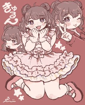 Rule 34 | 1girl, :3, :d, ahoge, bare legs, blush, borrowed character, bow, brown hair, clenched hands, commission, cropped torso, curly hair, double bun, dress, dress bow, earrings, ebiebi, freckles, frilled dress, frilled socks, frills, hair bun, hand up, hands up, highres, jewelry, jumping, layered dress, lips, long sleeves, looking ahead, looking at viewer, medium dress, medium hair, multiple views, one eye closed, open mouth, original, pearl earrings, pink bow, pink dress, pink shoes, purple eyes, red background, shoes, signature, simple background, skeb commission, sleeveless, sleeveless dress, smile, socks, star-shaped pupils, star (symbol), straight-on, symbol-shaped pupils, teeth, thick thighs, thighs, translated, upper teeth only, v, white socks