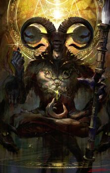 1boy balance_scale body_piercings disembodied_eye elden_ring elden_ring_nightreign extra_eyes full_body goat_horns goat_legs highres horizontal_pupils horns libra_(elden_ring) maddoze mage_staff meditation monster monster_focus sigil signature simple_background solo staff very_big_eyes weighing_scale