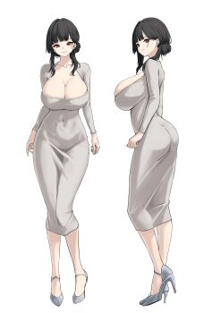 Rule 34 | 1girl, absurdres, alt text, alternate hairstyle, amaterasu (himegami emaki), arms at sides, ass, breasts, cleavage, closed mouth, commentary, covered navel, defaultkavy, dongtan dress, dress, full body, grey dress, grey eyes, grey shoes, hair bun, high heels, highres, himegami emaki, huge breasts, long dress, long sleeves, looking at viewer, low neckline, multiple views, pencil dress, red eyes, shoes, standing, taut clothes, taut dress, tight clothes, tight dress