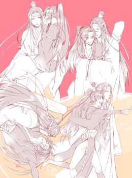 2boys ahoge blush boots carrying chinese_clothes closed_eyes closed_mouth commentary_request couple guqin hair_ribbon hand_on_another's_hip hanfu headband high_ponytail hug hug_from_behind instrument_case lan_wangji laughing limited_palette long_hair long_sleeves looking_at_another lying male_focus modao_zushi monochrome multiple_boys multiple_views on_back one_eye_closed open_mouth outstretched_arm pants pink_background pointing ponytail princess_carry red_background red_ribbon ribbon robe sash sidelocks simple_background sitting sitting_on_lap sitting_on_person smile spot_color standing sunmoon9994 topknot very_long_hair walking wangji_guqin wei_wuxian whispering wide_sleeves xiao_guan_(headdress) yaoi