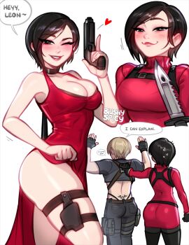 1boy 1girl ada_wong among_us artist_name ass back_tattoo black_choker black_gloves black_hair blonde_hair blushyspicy breasts brown_hair character_name choker cleavage commentary crewmate_(among_us) dress english_commentary english_text fingerless_gloves gloves gun handgun heart highres holding holding_gun holding_weapon knife knife_cat_(meme) large_breasts leon_s._kennedy looking_at_viewer meme pantyhose red_dress resident_evil resident_evil_4 resident_evil_4_(remake) shiny_skin shirt short_hair simple_background skindentation speech_bubble tattoo tramp_stamp weapon white_background