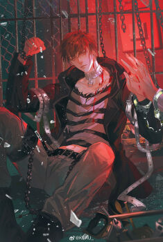 Rule 34 | 1boy, absurdres, bai qi (love and producer), belt, black belt, black boots, black jacket, black shirt, blood, blood on clothes, boots, bound together, brown eyes, brown hair, chain, chain-link fence, chained wrists, chinese commentary, clenched hand, closed mouth, collar, collarbone, cuffs, ear chain, earrings, feet out of frame, fence, glass shards, grey pants, hand saw, handcuffs, highres, hood, hood down, hooded jacket, iron bars, jacket, jewelry, keru233, linked piercing, long sleeves, looking at viewer, love and producer, male focus, midriff peek, on floor, open clothes, open jacket, out of frame, palms together, pants, piercing, pliers, prison, prison clothes, prisoner, red light, saw, screwdriver, shirt, short hair, sideways glance, sitting, solo, spread legs, striped clothes, striped shirt, stud earrings, thigh belt, thigh strap, toolbox, torn clothes, torn shirt, v-shaped eyebrows, watermark, weibo watermark, white collar, white shirt, wrench