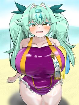 Rule 34 | 1girl, absurdres, aqua hair, artist request, beach, blush, bodyboard, boogie board, breasts, covered navel, frilled one-piece swimsuit, frills, g-14 iyo, green hair, green ribbon, hair intakes, hair ribbon, hair writing, highres, huge breasts, long hair, mahjong fight girl, one-piece swimsuit, open mouth, outdoors, purple one-piece swimsuit, ribbon, solo, standing, swimsuit, tatsubei, thick eyelashes, twintails, wakeboard, yellow eyes