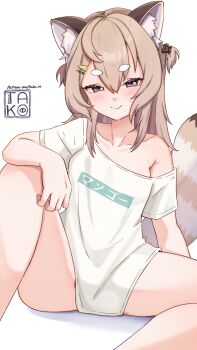 1girl absurdres animal_ear_fluff animal_ears artist_name breasts brown_hair closed_mouth commentary feet_out_of_frame hair_between_eyes hair_ornament hairclip half-closed_eyes hand_on_own_knee highres komachi_panko komachi_panko_(4th_costume) looking_at_viewer medium_hair no_pants on_floor oversized_clothes oversized_shirt parallel_hairclips patreon_username phase_connect print_shirt red_panda_ears red_panda_girl red_panda_tail shirt sidelocks simple_background single_bare_shoulder single_off_shoulder sitting small_breasts smile solo takoroki thick_eyebrows twitter_username two_side_up virtual_youtuber white_background white_shirt