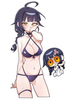 Rule 34 | 1girl, ahoge, arm behind back, bikini, black bikini, black hair, blunt bangs, blush, braid, breasts, chibi, chibi inset, collarbone, commentary request, cowboy shot, criss-cross halter, front-tie bikini top, front-tie top, gangzi (vtuber), halterneck, hand on own face, highres, korean commentary, large breasts, looking at viewer, multi-strapped bikini bottom, navel, sammi (33ammi), shiny skin, simple background, single braid, stellive, swimsuit, thigh strap, virtual youtuber, white background, wristband, yellow eyes