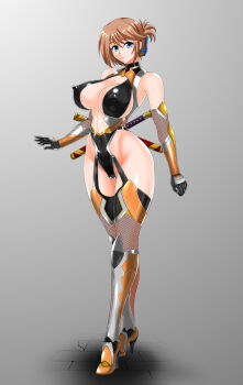 1girl bare_shoulders blue_eyes blush bodysuit breasts brown_hair cameltoe cleavage closed_mouth commentary_request commission covered_erect_nipples covered_navel elbow_gloves fishnet_gloves fishnet_thighhighs fishnets folded_ponytail full_body gloves grey_background hair_ornament hairclip high_heels highleg highleg_leotard impossible_bodysuit impossible_clothes impossible_leotard katana komaki_manaka large_breasts leotard looking_at_viewer multiple_swords nado.e ninja pixiv_commission revealing_clothes sheath sheathed shiny_clothes shiny_skin short_hair short_sword simple_background skin_tight smile solo standing sword taimanin_(series) taimanin_suit tantou thighhighs thighs to_heart_(series) to_heart_2 weapon weapon_on_back