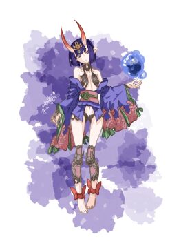 1girl asagirimao bare_shoulders barefoot breasts commentary_request expressionless fate/grand_order fate_(series) full_body headpiece highres horns japanese_clothes kimono off_shoulder oni purple_eyes purple_hair purple_kimono short_kimono shuten_douji_(fate) skin-covered_horns small_breasts solo