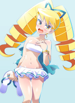 1girl bikini blonde_hair blue_background blue_bow blush bow drill_hair embarrassed hair_bow highres holding holding_sandals jewelry kuroi_ohagi long_hair luna_platz_(mega_man) mega_man_(series) mega_man_star_force_(series) midriff navel open_mouth sandals simple_background strapless strapless_bikini swimsuit twin_drills very_long_hair white_bikini