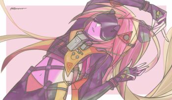 1girl black_gloves black_pants blindfold_mask blonde_hair camouflage commentary_request covered_eyes fingerless_gloves gloves hair_ornament highres jacket long_hair mask navel open_mouth original pants photonova ponytail solo trigger_(zenless_zone_zero) zenless_zone_zero