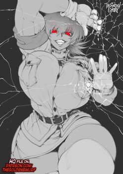 1girl against_glass arm_up belt breasts buttons commentary cowboy_shot crack cracked_glass curvy english_commentary evil_grin evil_smile gloves grey_background grin hair_between_eyes hand_on_wall hellsing high_collar huge_breasts label looking_down medium_hair military_uniform muscular muscular_female partially_colored pocket red_eyes seras_victoria sharp_teeth signature simple_background skirt smile solo teeth the_golden_smurf thick_thighs thighs white_gloves wide_hips