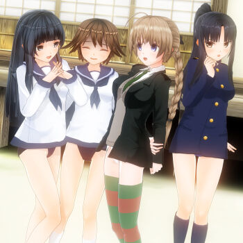 3d 4girls armoredhearts bare_legs blender_(medium) empty_eyes hattori_shizuka highres lynette_bishop miyafuji_yoshika multiple_girls partially_shaded_face sailor_collar shouji sliding_doors strike_witches strike_witches:_aurora_no_majo world_witches_series yamakawa_michiko yuri