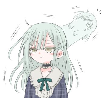 1girl 8_(asahati) bang_dream! bang_dream!_it's_mygo!!!!! blue_dress blush choker closed_mouth commentary_request dress expressionless frilled_choker frills giving_up_the_ghost green_hair hair_ornament hairclip highres long_hair plaid_clothes plaid_dress scene_reference solo wakaba_mutsumi yellow_eyes