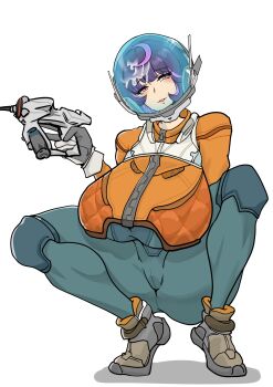 Rule 34 | 1girl, absurdres, alternate breast size, bodysuit, breasts, cum, cum on hair, energy gun, gloves, grey gloves, gun, head tilt, helmet, highres, holding, holding gun, holding weapon, huge breasts, jacket, juno (overwatch), knee pads, looking at viewer, multicolored hair, orange jacket, overwatch, parted lips, purple hair, smile, solo, space helmet, squatting, tiptoes, virtual youtuber, weapon, white background, yanz2