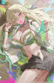1girl black_choker black_skirt blonde_hair blowing_bubble_gum bra breasts chewing_gum choker cleavage collarbone commentary_request earrings fingernails from_above green_bra green_necktie green_panties hair_between_eyes hair_ornament hands_up highres hovaku jewelry large_breasts long_hair looking_at_viewer lying lynae_(wuthering_waves) mole navel necklace necktie on_side open_clothes open_shirt open_skirt panties shirt skirt skull_hair_ornament solo spray_can star_(symbol) star_earrings stomach tacet_mark_(wuthering_waves) thighs underwear undone_necktie very_long_hair white_shirt wuthering_waves