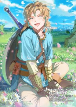1boy aqua_tunic blonde_hair boots brown_boots closed_eyes commentary_request falling_petals fingerless_gloves gloves highres indian_style link male_focus meadow medium_hair nintendo open_mouth outdoors pants parted_bangs petals pink_petals pointy_ears shield shield_on_back shirt sidelocks single_vambrace sitting smile solo sword sword_on_back the_legend_of_zelda the_legend_of_zelda:_breath_of_the_wild tunic twitter_username vambraces weapon weapon_on_back white_pants white_shirt yurian_(user_utch8788)