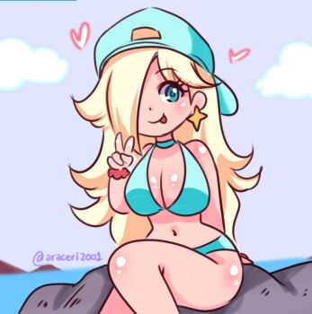1girl araceri arm_support backwards_hat baseball_cap bikini blonde_hair blue_bikini blue_eyes blue_hat blush breasts choker cleavage cloud earrings hair_over_one_eye hat heart jewelry large_breasts long_hair looking_at_viewer mario_(series) navel nintendo ocean on_rock rock rosalina sitting sky smile star_(symbol) star_earrings super_mario_galaxy swimsuit tongue tongue_out v water wristband