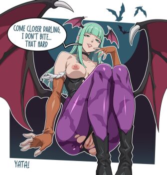 1girl ai-assisted animal_print aqua_eyes aqua_hair bare_shoulders bat_(animal) bat_print black_boots black_choker black_leotard blunt_bangs boots breasts breasts_apart cameltoe choker clothing_cutout collarbone commentary darkstalkers demon_girl demon_wings elbow_gloves english_commentary english_text eyelashes fingerless_gloves from_below fur_trim gloves head_wings heart_cutout leotard lips long_hair looking_at_viewer medium_breasts morrigan_aensland narrowed_eyes nipples orange_gloves pantyhose pink_pantyhose print_pantyhose purple_pantyhose pussy sidelocks sitting solo speech_bubble straight_hair teeth thighs torn_clothes torn_leotard torn_pantyhose wings yatagarasupen