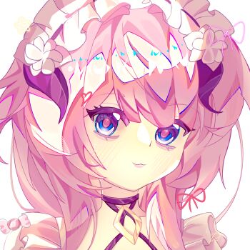 1girl black_choker blue_eyes chinese_commentary choker commentary_request elysia_(honkai_impact) elysia_(miss_pink)_(honkai_impact) elysia_(miss_pink_elf)_(honkai_impact) fake_horns highres honkai_(series) honkai_impact_3rd horns long_hair looking_at_viewer maid maid_headdress official_alternate_costume pink_hair simple_background solo upper_body very_long_hair white_background yingjingxue90662