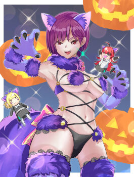 3girls :d absurdres ahoge animal_ears armpits asami_makiko_(heaven_burns_red) bikini black_panties blonde_hair bow breasts character_doll claw_pose claws cosplay doll dress earrings elbow_gloves fang fate/grand_order fate_(series) fur-trimmed_gloves fur-trimmed_legwear fur_collar fur_trim gloves gluteal_fold halloween halloween_costume heaven_burns_red highres jack-o&#039;-lantern jewelry lace_trim large_breasts long_hair looking_at_viewer mash_kyrielight mash_kyrielight_(dangerous_beast) mash_kyrielight_(dangerous_beast)_(cosplay) multiple_girls nanase_nanami_(heaven_burns_red) navel null1000_4869 o-ring o-ring_top open_mouth panties parody pink_bow pumpkin purple_gloves purple_hair purple_tail purple_thighhighs red_eyes red_hair revealing_clothes short_hair skirt smile sparkle swimsuit tail tezuka_saki thighhighs underwear wolf_ears wolf_tail