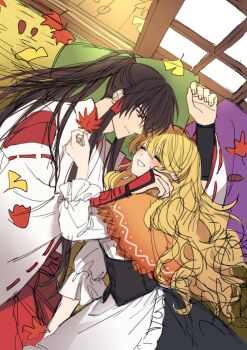 1boy 1girl ^_^ apron black_hair black_vest blonde_hair closed_eyes closed_mouth commentary_request enoki_3106 from_above genderswap genderswap_(ftm) ginkgo_leaf grin hair_tubes hakama hakurei_reimu hand_in_another&#039;s_hair hetero highres holding holding_leaf japanese_clothes kimono kirisame_marisa leaf long_sleeves looking_at_another lying maple_leaf on_side pillow ponytail red_eyes red_hakama ribbon-trimmed_sleeves ribbon_trim shirt shouji sliding_doors smile touhou unfinished vambraces vest waist_apron white_apron white_kimono white_shirt wide_sleeves