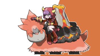 blacknirrow camerupt closed_eyes closed_mouth courtney_(pokemon) dress eyelashes fake_horns gen_3_pokemon hand_on_another's_head highres hood hood_up hooded_jacket horned_hood horns jacket lava mega_camerupt mega_pokemon nintendo outline petting pokemon pokemon_(creature) pokemon_oras purple_eyes purple_hair red_dress red_footwear red_jacket short_hair simple_background sitting smile sweater sweater_dress team_magma team_magma_uniform two-tone_background white_outline