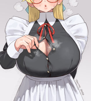 1girl apron black_dress blonde_hair body_freckles breast_freckles breasts breath button_gap catherine_(conto) cleavage conto dress eyes_out_of_frame facing_viewer freckles glasses hand_up head_out_of_frame large_breasts long_hair long_sleeves maid maid_apron original parted_lips partially_unbuttoned red-framed_eyewear solo steaming_body sweat unbuttoning upper_body