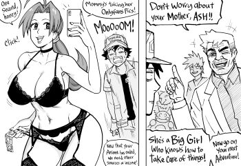 1girl 5boys absurdres ahoge ash_ketchum bb_(baalbuddy) bra breasts cellphone choker cleavage commentary condom condom_packet_strip condom_wrapper curvy delia_ketchum english_commentary english_text evil_grin evil_smile facial_hair garter_belt garter_straps gary_oak gen_1_pokemon grin hair_intakes hair_ornament hair_scrunchie highres holding holding_condom holding_phone huge_ahoge hypno implied_prostitution lace lace-trimmed_bra lace-trimmed_panties lace_trim large_breasts lingerie long_hair low_ponytail mature_female monochrome mother_and_son mr._mime multiple_boys multiple_others narrow_waist navel nervous_sweating nintendo one_eye_closed onlyfans panties panty_pull phone pokemon pokemon_(anime) pokemon_(classic_anime) ponytail pornography_production professor_oak scrunchie selfie smartphone smile solo_focus speech_bubble strap_pull stubble sweat thick_eyebrows thighhighs thong underwear underwear_only walk-in wide_hips
