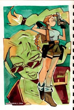 1girl artist_name backpack bag blue_tank_top boots braid braided_ponytail breasts brown_hair commentary dark_skin english_commentary gun hair_tie highres holding holding_gun holding_weapon holster lara_croft lips magnagallina medium_breasts painting_(medium) short_shorts shorts single_braid solo sunglasses tank_top tomb_raider traditional_media watercolor_(medium) weapon