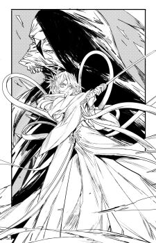 1boy 1girl absurdres as_nodt bleach bleach:_sennen_kessen-hen border commentary greyscale hakka_no_togame_(bankai) highres holding holding_sword holding_weapon japanese_clothes katana kuchiki_rukia long_hair long_ribbon monochrome open_mouth outside_border sword symbol-only_commentary weapon white_border xi_luo_an_ya zanpakutou