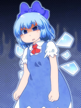 1girl ascot blue_bow blue_dress blue_eyes blue_hair bow cirno collared_shirt commentary_request detached_wings dress hair_bow highres ice ice_wings looking_at_viewer matty_(zuwzi) open_mouth pinafore_dress puffy_short_sleeves puffy_sleeves red_ascot shirt short_sleeves sleeveless sleeveless_dress solo touhou white_shirt wings
