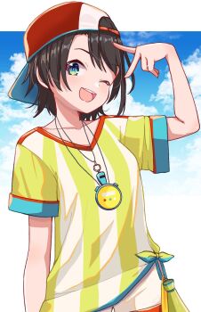 backwards_hat blue_eyes brown_hair hashtag-only_commentary hat highres hololive looking_at_viewer oozora_subaru oozora_subaru_(1st_costume) red_hat shirt shorts smile stopwatch stopwatch_around_neck striped_clothes striped_shirt v virtual_youtuber watch whistle whistle_around_neck white_shirt white_shorts yellow_shirt yokuto