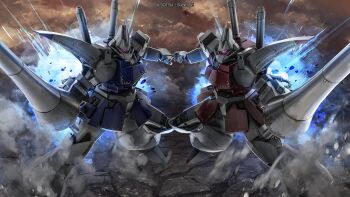 absurdres asteroid battle copyright_notice debris dust dust_cloud gazu-l gazu-r glowing gundam gundam_battle_operation_2 gundam_zz highres lance light_particles machinery mecha mecha_focus mobile_suit neo_zeon official_art one-eyed painting_(medium) polearm realistic robot rock scan science_fiction sunrise_(company) tenjin_hidetaka thrusters traditional_media weapon