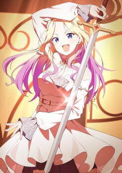 blonde_hair blue_eyes gakuen_idolmaster gradient_hair highres idolmaster juo_sena long_hair multicolored_hair pink_hair purple_eyes quarterlift standing sword tiny_ambition_(idolmaster) weapon