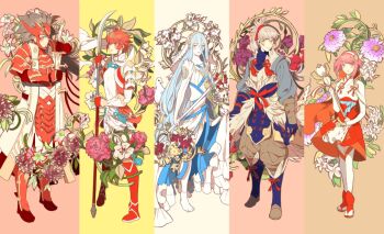 Rule 34 | 2boys, 3girls, armor, azura (fire emblem), blue hair, bow (weapon), breasts, brown eyes, brown hair, fire emblem, fire emblem fates, grey hair, hinoka (fire emblem), holding, holding bow (weapon), holding polearm, holding staff, holding weapon, japanese armor, japanese clothes, long hair, multiple boys, multiple girls, naginata, nintendo, pink eyes, pink hair, polearm, red armor, red eyes, red hair, ryoma (fire emblem), sakura (fire emblem), shy (ribboneels), siblings, small breasts, staff, takumi (fire emblem), weapon