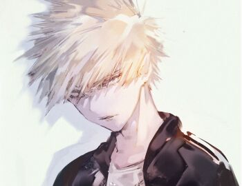 Rule 34 | 1boy, bakugou katsuki, black jacket, blonde hair, boku no hero academia, commentary request, grey eyes, highres, jacket, looking at viewer, shiratsuyu mone, shirt, short hair, simple background, spiked hair, upper body, white background, white shirt