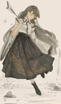 1girl black_boots blue_skirt boots closed_mouth collared_shirt commentary detached_sleeves facing_down frog full_body gohei green_hair hair_ornament hatsburg highres holding holding_gohei kochiya_sanae long_hair long_sleeves muted_color pleated_skirt shirt skirt snake_hair_ornament solo standing standing_on_one_leg touhou very_long_hair white_shirt white_sleeves wide_sleeves