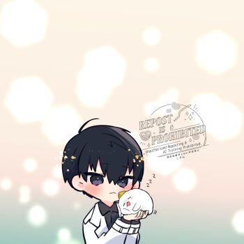 1boy :&lt; animal biyoo_(omniscient_reader&#039;s_viewpoint) black_eyes black_hair black_shirt blush coat collared_shirt double-parted_bangs hair_between_eyes hashtag-only_commentary highres holding holding_animal kim_dokja kimidori_22 male_focus omniscient_reader&#039;s_viewpoint open_clothes open_coat popped_collar shirt short_hair solo upper_body white_coat zzz