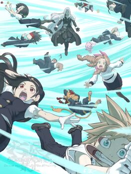 3girls 5tatsu 6+boys aerith_gainsborough arm_cannon barret_wallace black_coat black_hair blonde_hair blue_eyes brown_hair cait_sith_(final_fantasy) cid_highwind cloud_strife coat commentary_request dark-skinned_male dark_skin falling final_fantasy final_fantasy_vii final_fantasy_vii_remake fire flame-tipped_tail gloves goggles goggles_on_head grey_hair hat highres holding jacket japan_railways locomotive materia moogle multiple_boys multiple_girls official_alternate_costume open_mouth orange_fur pants red_eyes red_hair red_xiii scarf sephiroth shirt skirt spiked_hair sunglasses tail tifa_lockhart train_attendant train_conductor travel_attendant weapon white_gloves wind yuffie_kisaragi zack_fair