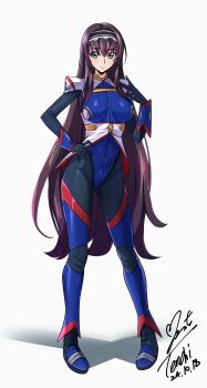 absurdres blue_eyes breasts brown_hair code_geass code_geass:_lost_stories full_body hairband hand_on_own_hip highres leotard long_hair looking_at_viewer maya_disel medium_breasts pilot_suit simple_background skin_tight standing thigh_gap thighs variant_set white_background yoo_tenchi