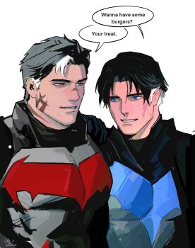 aged_up bat_signal batman batman_(series) batman_symbol black_bodysuit black_hair blue_eyes bodysuit dc_comics dick_grayson grey_bodysuit hair_between_eyes highres jason_todd male_focus multicolored_bodysuit multicolored_hair muscular muscular_male red_hood_(dc) rwheel0333 short_hair simple_background superhero_costume taut_bodysuit two-tone_bodysuit two-tone_hair white_hair