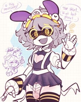 animal_ears blush maid male_focus mechanical_arms murder_drones n_(murder_drones) nervous non-web_source penis precum rabbit_ears ribbon robot thighhighs trap tsukyiio white_background white_hair yellow_eyes