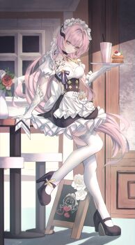 Rule 34 | 1girl, absurdres, apron, arm support, breasts, chalkboard, cleavage, cupcake, elbow gloves, elf, elysia (honkai impact), elysia (miss pink) (honkai impact), elysia (miss pink elf) (honkai impact), flower, food, frilled apron, frilled skirt, frills, full body, glass, gloves, hand up, high heels, highres, holding, holding tray, honkai (series), honkai impact 3rd, long hair, maid, maid headdress, mary janes, neon (pixiv 31150749), official alternate costume, pink hair, pointy ears, purple eyes, ribbon, shoes, skirt, standing, standing on one leg, thighhighs, tray, white thighhighs