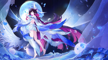 1girl absurdres bare_shoulders barefoot black_hair blue_flower breasts closed_mouth columbina_(genshin_impact) commentary_request dress eye_mask flower full_body genshin_impact gradient_hair hair_ornament hanayabaka highres long_hair looking_at_viewer mask moon multicolored_hair petals pillar purple_eyes purple_hair smile solo streaked_hair upper_body very_long_hair white_dress wing_hair_ornament wings