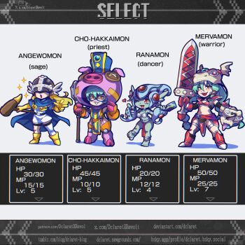 4girls :o angewomon animal_costume anklet aqua_hair armor armored_boots bare_shoulders barefoot bikini bikini_armor blonde_hair blue_cape blue_skin blue_tabard boots braid button_eyes buttons cape character_name chibi chibi_only cho-hakkaimon colored_skin commentary cosplay covered_eyes dancer's_costume_(dq) dclaret digimon digimon_(creature) dragon_quest dragon_quest_iii dress elbow_gloves english_commentary fins full_body gameplay_mechanics gloves green_hair grin hair_between_eyes hat head_fins heads-up_display heart helmet helmet_over_eyes highres holding huge_weapon jewelry leotard living_weapon loincloth long_hair mace mask mervamon metal_bikini midriff multiple_girls navel one_eye_closed open_mouth orange_eyes orange_leotard pig_costume pink_armor priest_(dq3) priest_(dq3)_(cosplay) print_headwear ranamon red_armor red_cape red_eyes red_gloves sage_(dq3) sage_(dq3)_(cosplay) shadow short_hair shoulder_pads sidelocks single_thighhigh smile staff standing standing_on_one_leg swimsuit sword tabard teeth thighhighs thighlet twin_braids user_interface waist_cape warrior_(dq3) warrior_(dq3)_(cosplay) watermark weapon web_address white_background white_dress white_thighhighs winged_helmet yellow_boots yellow_eyes yellow_gloves