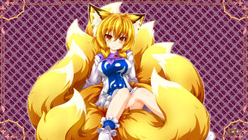 1girl absurdres animal_ear_fluff animal_ears blonde_hair blue_tabard blush breasts closed_mouth commentary_request dress fox_ears fox_girl fox_tail hair_between_eyes hat highres kazami_karasu large_tail long_sleeves looking_at_viewer medium_breasts medium_hair multiple_tails no_headwear sitting_on_own_tail smile solo tabard tail touhou white_dress yakumo_ran yellow_eyes