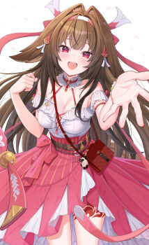 1girl animal_ears bag bare_shoulders belt brown_belt brown_hair commentary_request cowboy_shot cross-laced_clothes cross-laced_top droopy_ears frills hair_intakes highres horse_ears horse_girl leg_tattoo long_hair looking_at_viewer off-shoulder_shirt off_shoulder official_alternate_costume open_mouth reaching reaching_towards_viewer red_bag red_eyes red_skirt shirt shirt_tucked_in shoulder_bag simple_background skirt solo tattoo tsukimi_yaya very_long_hair white_background white_shirt ye_shunguang ye_shunguang_(touch_of_dawnlight) zenless_zone_zero