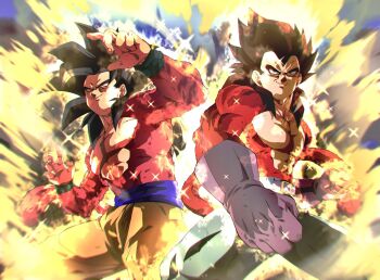 Rule 34 | black hair, blue sash, body fur, commentary request, dougi, dragon ball, dragon ball gt, dragon ball z dokkan battle, highres, long hair, male focus, monkey boy, monkey tail, multiple boys, muscular, muscular male, no nipples, pants, pectorals, red fur, saiyan, sash, smirk, son goku, sparkle, sparkling aura, spiked hair, super saiyan, super saiyan 4, tail, takahir22371805, vegeta, yellow aura, yellow pants